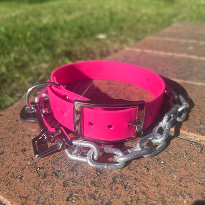 Pink working dog collar with tie-up chain, handmade in Orange NSW