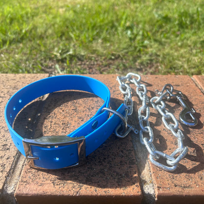 Blue working dog collar with tie-up chain and snap clip